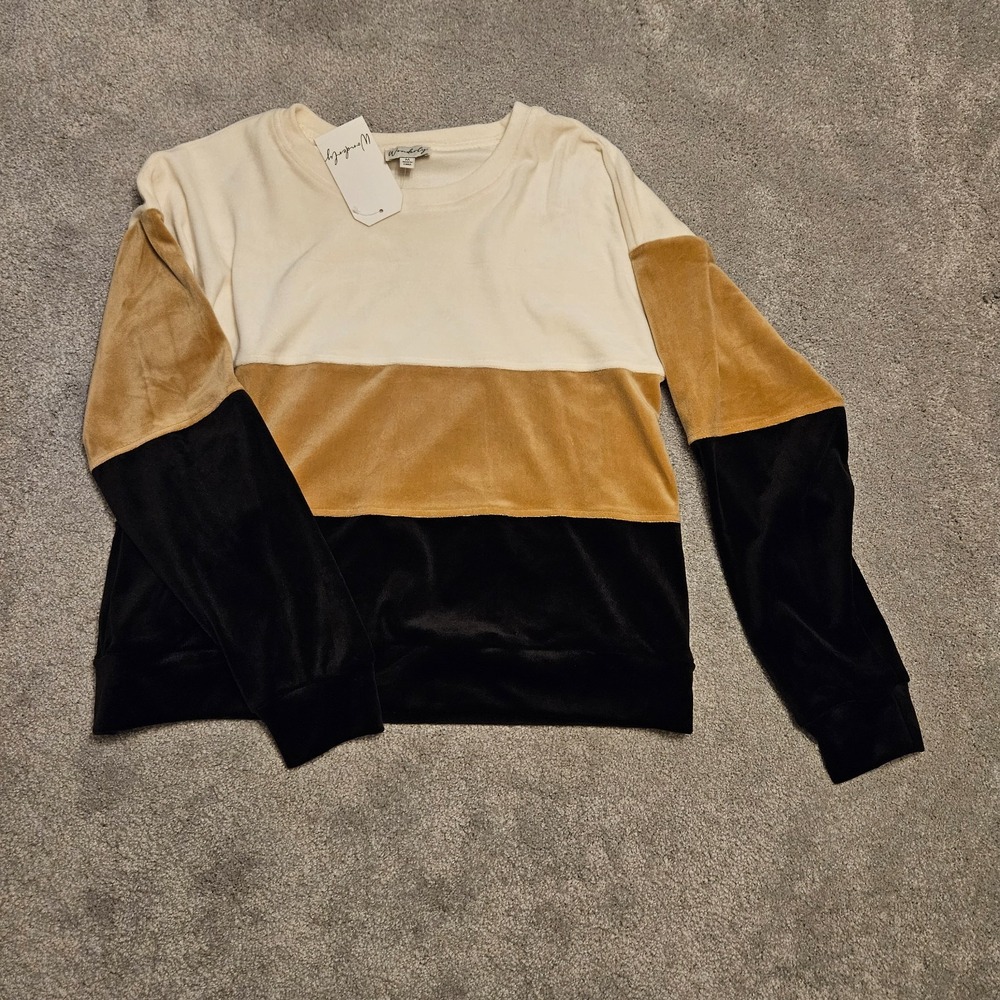 Wonderly Women's Medium Velour Color Block Sweatshirt Cream Tan Black Pullover‎